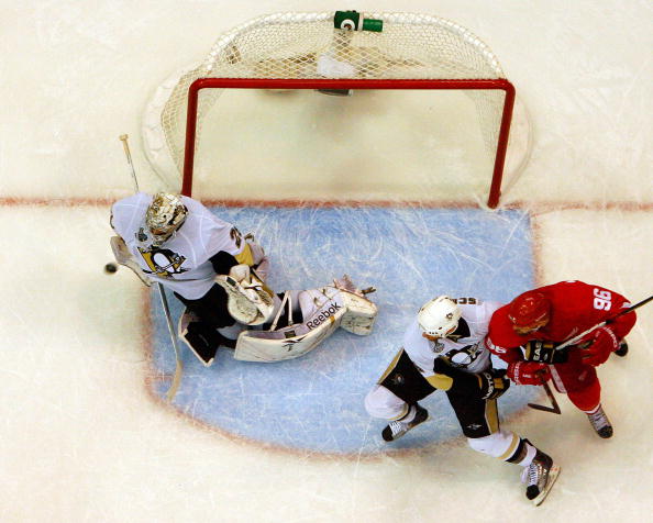 DETROIT - JUNE 12:  Marc-Andre Fleury #29 of the Pittsburgh Penguins makes a save with one second left in the game against the Detroit Red Wings during Game Seven of the 2009 NHL Stanley Cup Finals at Joe Louis Arena on June 12, 2009 in Detroit, Michigan.