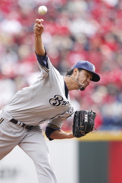 CINCINNATI, OH - MARCH 31: Yovani Gallardo #49 of the Milwaukee Brewers pitches against the Cincinnati Reds in the opening day game at Great American Ballpark on March 31, 2011 in Cincinnati, Ohio. The Reds won 7-6. (Photo by Joe Robbins/Getty Images)
