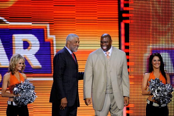 PHOENIX - FEBRUARY 15:  NBA legends Juliusn 'Dr. J' Erving and Earvin 'Magic' Johnson are honored during the 58th NBA All-Star Game, part of 2009 NBA All-Star Weekend at US Airways Center on February 15, 2009 in Phoenix, Arizona.  NOTE TO USER: User expre
