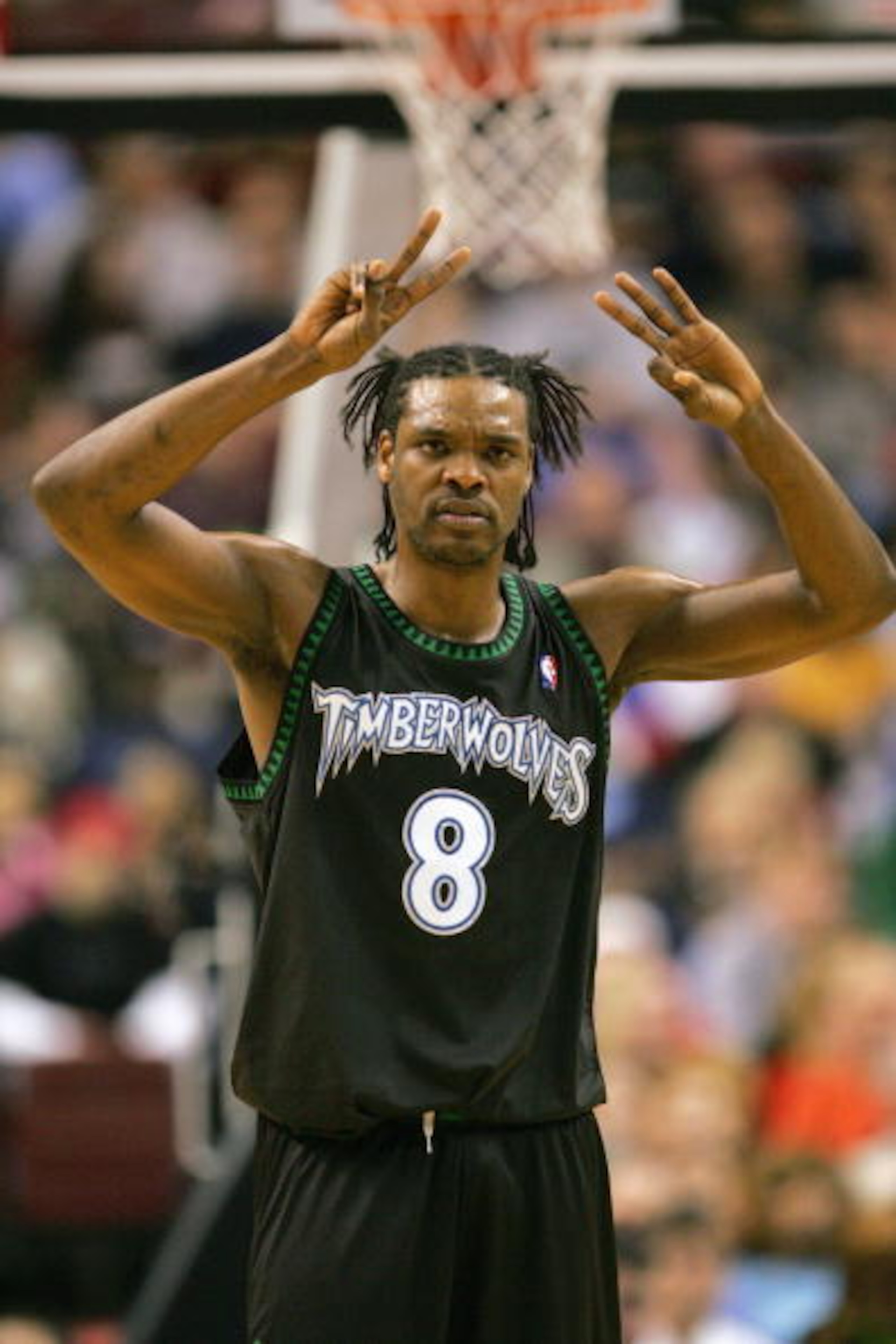 PHILADELPHIA - DECEMBER 8: Latrell Sprewell #8 of the Minnesota Timberwolves against the Philadelphia 76ers during the game at the Wachovia Center on December 8, 2004 in Philadelphia, Pennsylvania. The Wolves won 119-84. NOTE TO USER: User expressly ack PHILADELPHIA - DECEMBER 8: Latrell Sprewell #8 of the Minnesota Timberwolves against the Philadelphia 76ers during the game at the Wachovia Center on December 8, 2004 in Philadelphia, Pennsylvania. The Wolves won 119-84. NOTE TO USER: User expressly ack