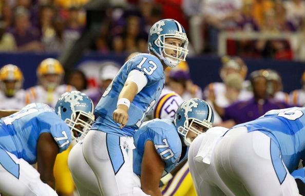ATLANTA - SEPTEMBER 04:  Quarterback T.J. Yates #13 of the North Carolina Tar Heels against the LSU Tigers during the Chick-fil-A Kickoff Game at Georgia Dome on September 4, 2010 in Atlanta, Georgia.  (Photo by Kevin C. Cox/Getty Images)