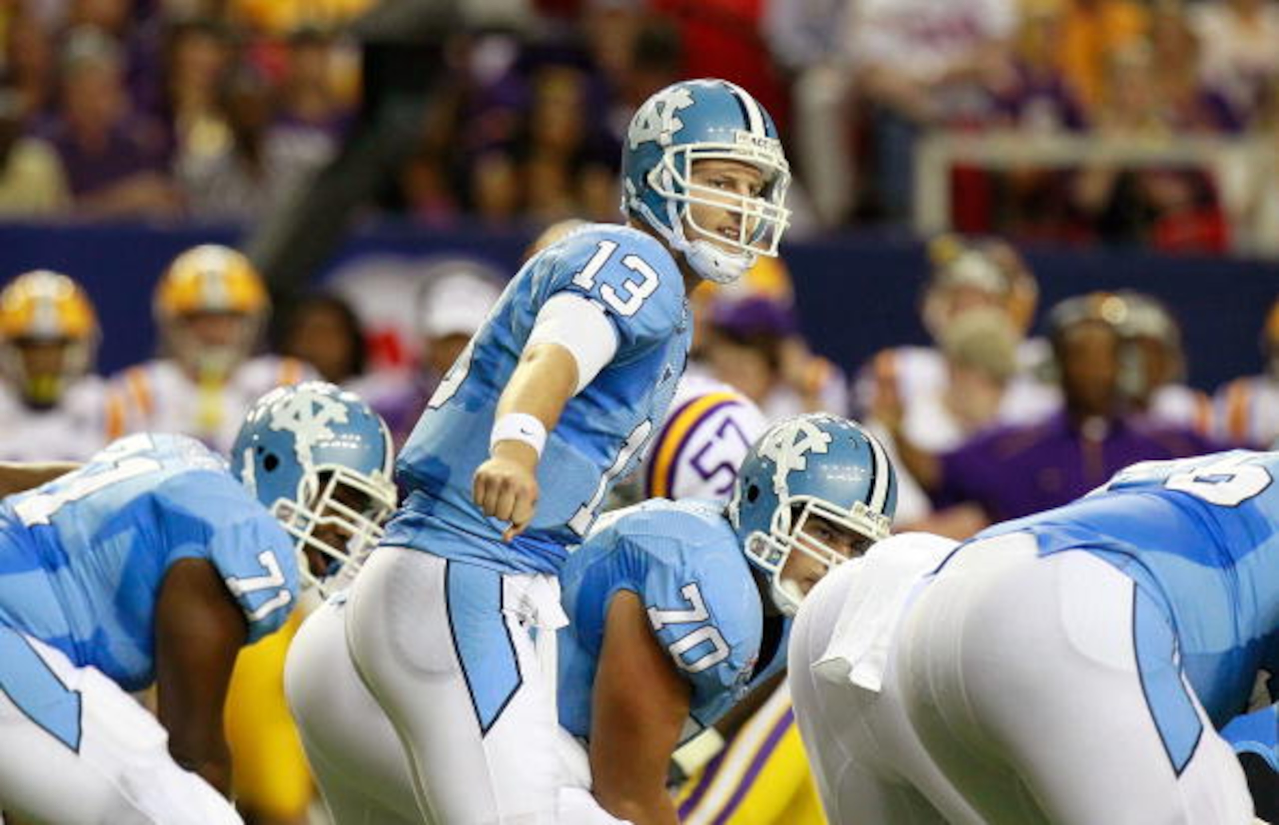 ATLANTA - SEPTEMBER 04:  Quarterback T.J. Yates #13 of the North Carolina Tar Heels against the LSU Tigers during the Chick-fil-A Kickoff Game at Georgia Dome on September 4, 2010 in Atlanta, Georgia.  (Photo by Kevin C. Cox/Getty Images)