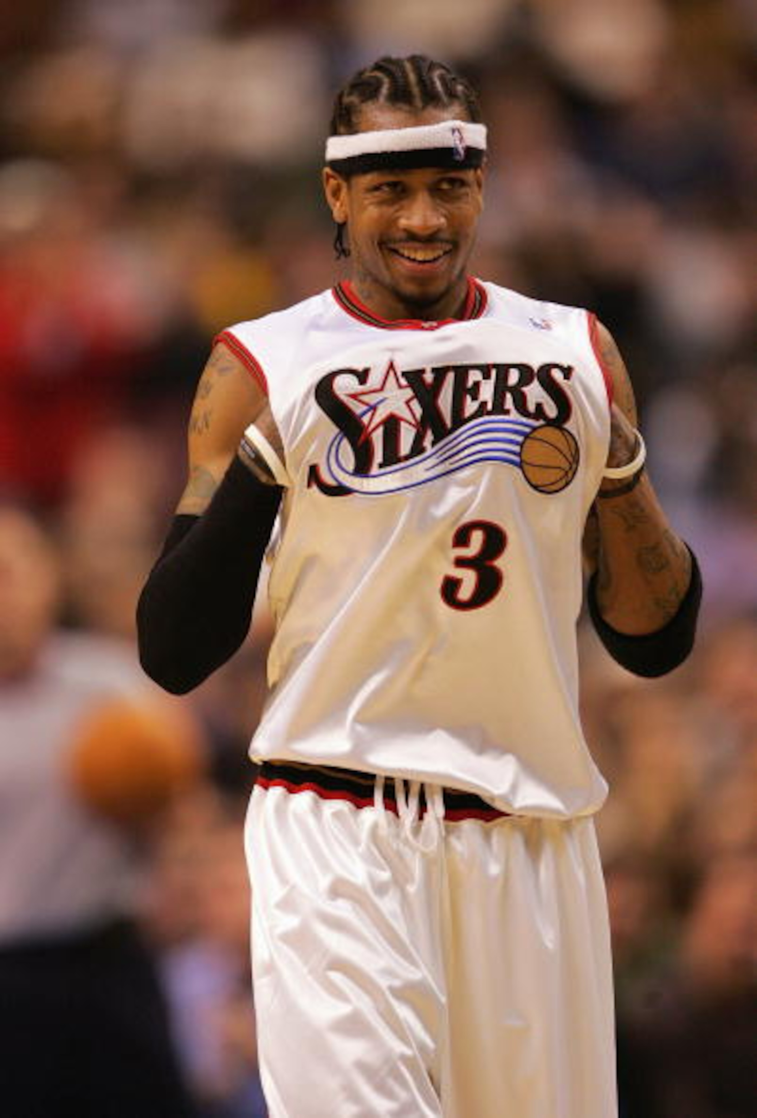 PHILADELPHIA - DECEMBER 14: Allen Iverson #3 of the Philadelphia 76ers smiles during the game against the Denver Nuggets at Wachovia Center on December 14, 2004 in Philadelphia, Pennsylvania. The 76ers defeated the Nuggets 110-102. NOTE TO USER: User e PHILADELPHIA - DECEMBER 14: Allen Iverson #3 of the Philadelphia 76ers smiles during the game against the Denver Nuggets at Wachovia Center on December 14, 2004 in Philadelphia, Pennsylvania. The 76ers defeated the Nuggets 110-102. NOTE TO USER: User e