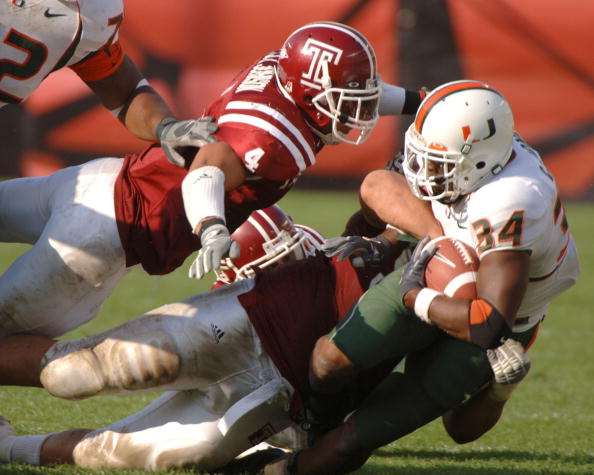 University of Miami running back Charlie Jones  rushes against Temple at Lincoln Financial Field, October 15, 2005, in Philadelphia.  The Hurricanes defeated the Owls  34 - 3. (Photo by A. Messerschmidt/Getty Images) *** Local Caption ***