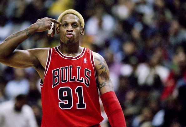 29 Nov 1997:  Forward Dennis Rodman of the Chicago Bulls stands on the court during a game against the Washington Wizards at the US Airways Arena in Landover, Maryland.  The Bulls won the game 88-83. Mandatory Credit: Doug Pensinger  /Allsport