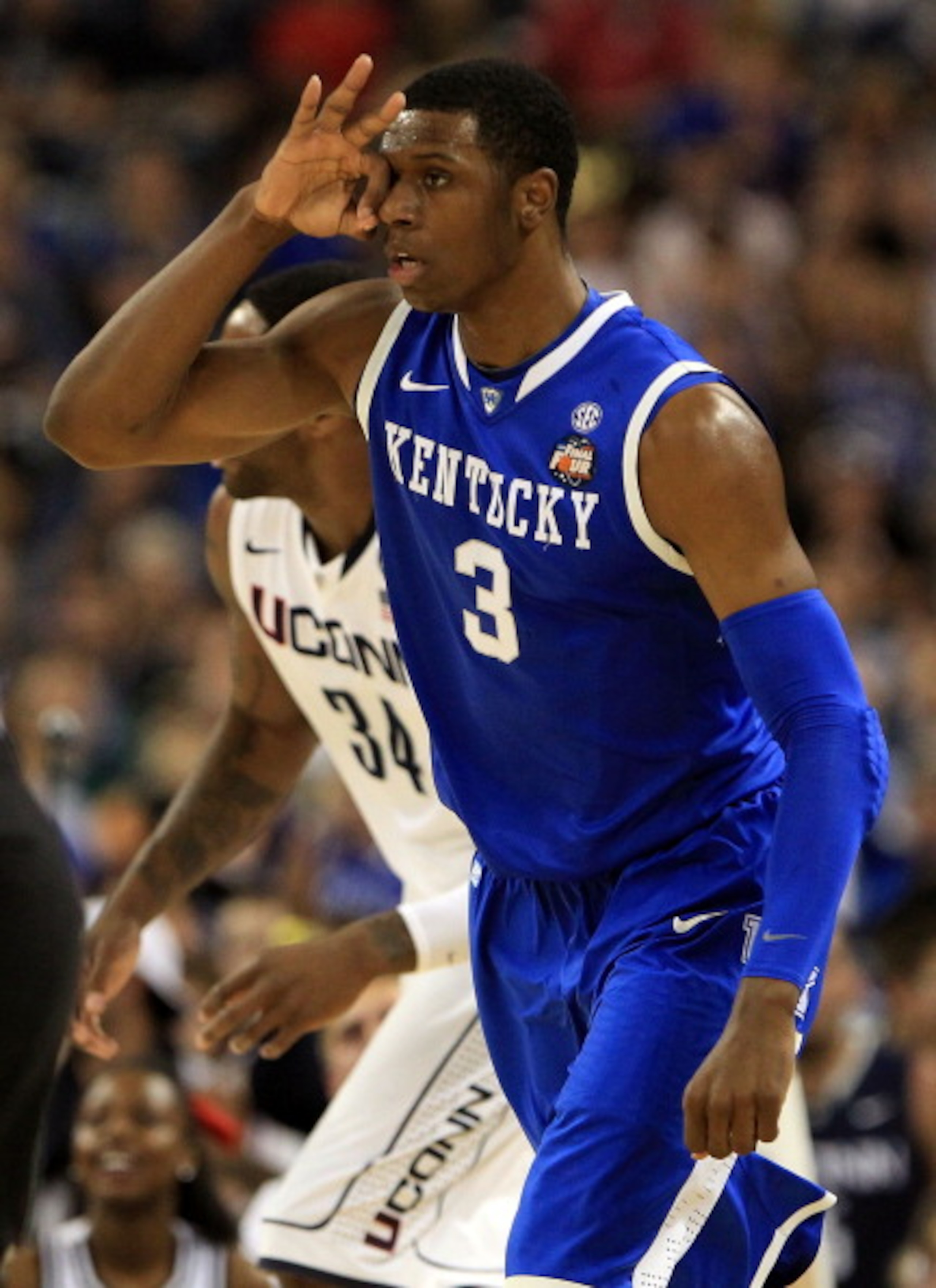 HOUSTON, TX - APRIL 02:  Terrence Jones #3 of the Kentucky Wildcats reacts after hitting a three pointer against the Connecticut Huskies during the National Semifinal game of the 2011 NCAA Division I Men's Basketball Championship at Reliant Stadium on Apr