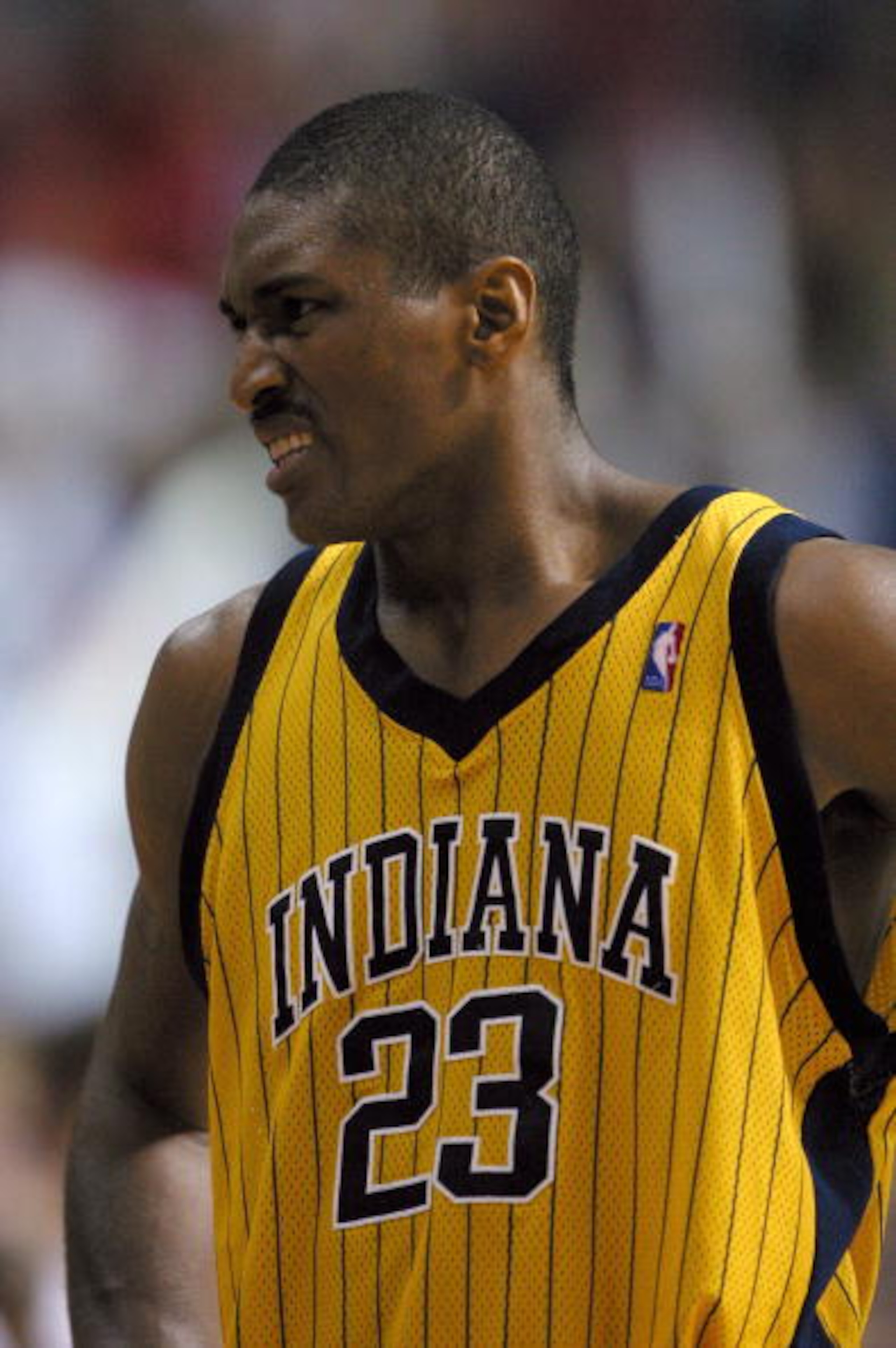 AUBURN HILLS, MI - JUNE 1: Ron Artest #23 of the Indiana Pacers reacts after committing a flagrant foul on Richard Hamilton #32 of the Detroit Pistons in the final moments of Game six of the Eastern Conference Finals during the 2004 NBA Playoffs at The P AUBURN HILLS, MI - JUNE 1: Ron Artest #23 of the Indiana Pacers reacts after committing a flagrant foul on Richard Hamilton #32 of the Detroit Pistons in the final moments of Game six of the Eastern Conference Finals during the 2004 NBA Playoffs at The P