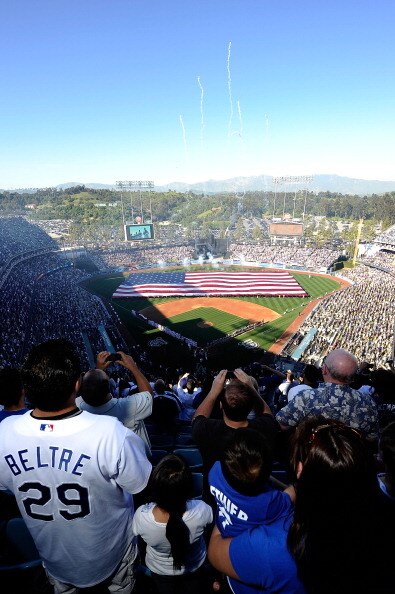 LOS ANGELES, CA - MARCH 31:  A view of pregame ceremonies prior to the Los Angeles Dodgers playing the San Francisco Giants on Opening Day at Dodger Stadium on March 31, 2011 in Los Angeles, California.  (Photo by Kevork Djansezian/Getty Images)