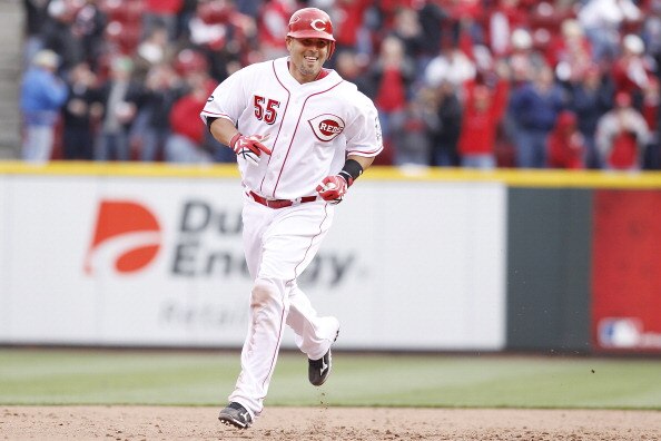 CINCINNATI, OH - MARCH 31: Ramon Hernandez #55 of the Cincinnati Reds rounds the bases after hitting the game-winning home run in the ninth inning against the Milwaukee Brewers in the opening day game at Great American Ballpark on March 31, 2011 in Cincin