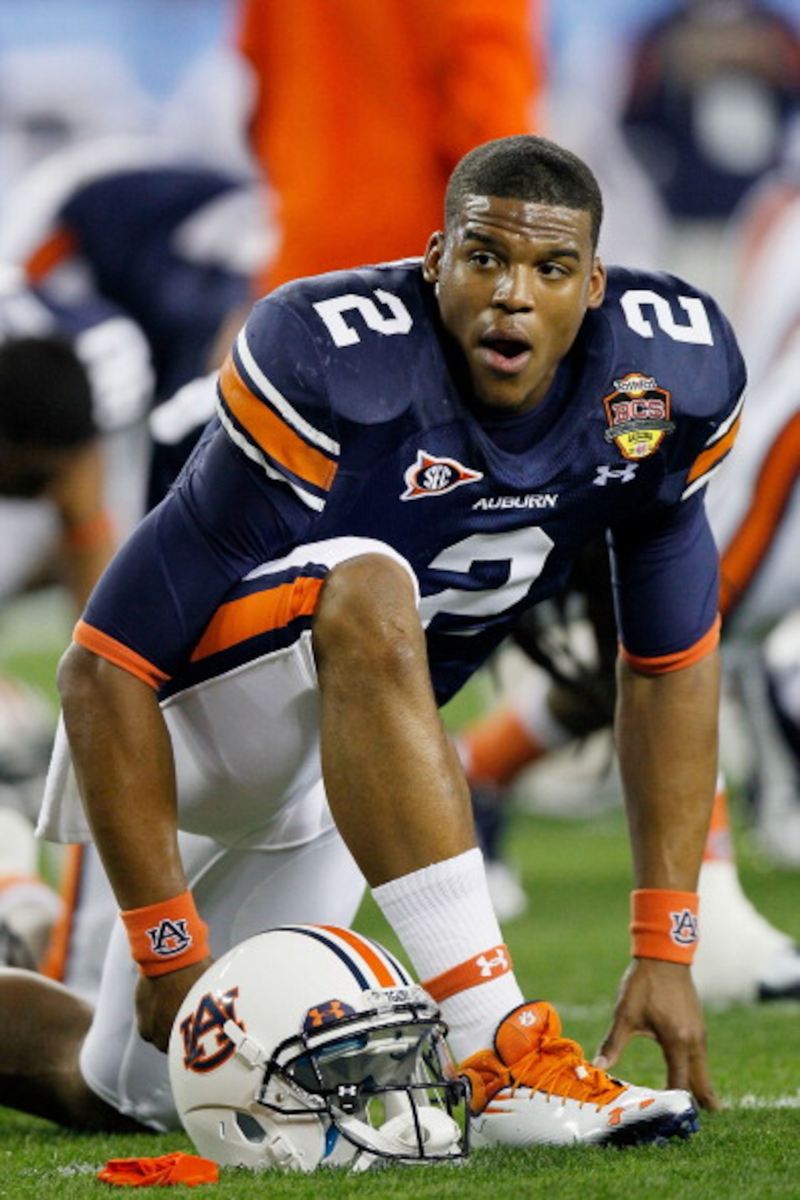 GLENDALE, AZ - JANUARY 10:  Cameron Newton #2 of the Auburn Tigers reacts during their game against the Oregon Ducks during the Tostitos BCS National Championship Game at University of Phoenix Stadium on January 10, 2011 in Glendale, Arizona.  (Photo by K