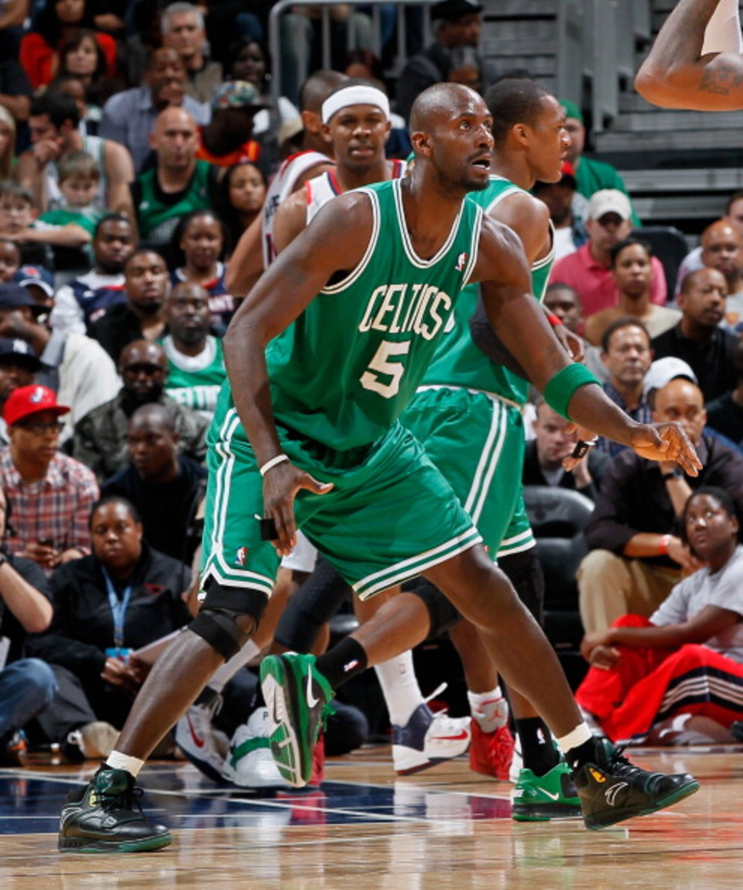 ATLANTA, GA - APRIL 01:  Kevin Garnett #5 of the Boston Celtics against the Atlanta Hawks at Philips Arena on April 1, 2011 in Atlanta, Georgia.  NOTE TO USER: User expressly acknowledges and agrees that, by downloading and/or using this Photograph, user