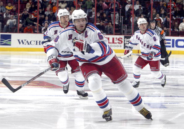 PHILADELPHIA, PA - FEBRUARY 4 : Jaromir Jagr #68, Michael Nylander #92, and Martin Straka #82 of the New York Rangers skate against the Philadelphia Flyers during their game on February 4, 2006 at the Wachovia Center in Philadelphia, Pennsylvania.The Rang