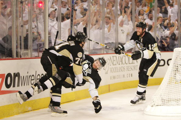 PITTSBURGH - APRIL 25: Petr Sykora #17 of the Pittsburgh Penguins celebrates his third period goal against the New York Rangers with teammates Evgeni Malkin #71 and Ryan Malone #12 during game one of the Eastern Conference Semifinals of the 2008 NHL Stanl