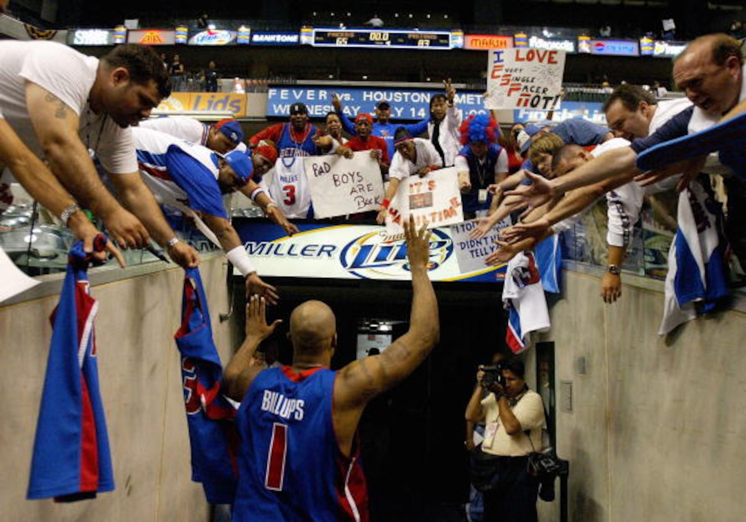 INDIANAPOLIS - MAY 30:  Chauncey Billups #1 of the Detroit Pistons walks to the locker room after the Pistons' win over the Indiana Pacers in Game five of the Eastern Conference Finals during the 2004 NBA Playoffs at Conseco Fieldhouse on May 30, 2004 in