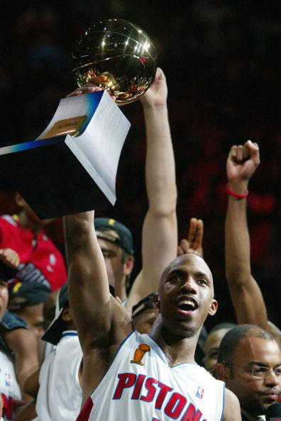 AUBURN HILLS, MI - JUNE 15:  Chauncey Billups #1 of the Detroit Pistons celebrates with the MVP trophy after defeating the Los Angeles Lakers 100-87 in game five of the 2004 NBA Finals on June 15, 2004 at The Palace of Auburn Hills in Auburn Hills, Michig