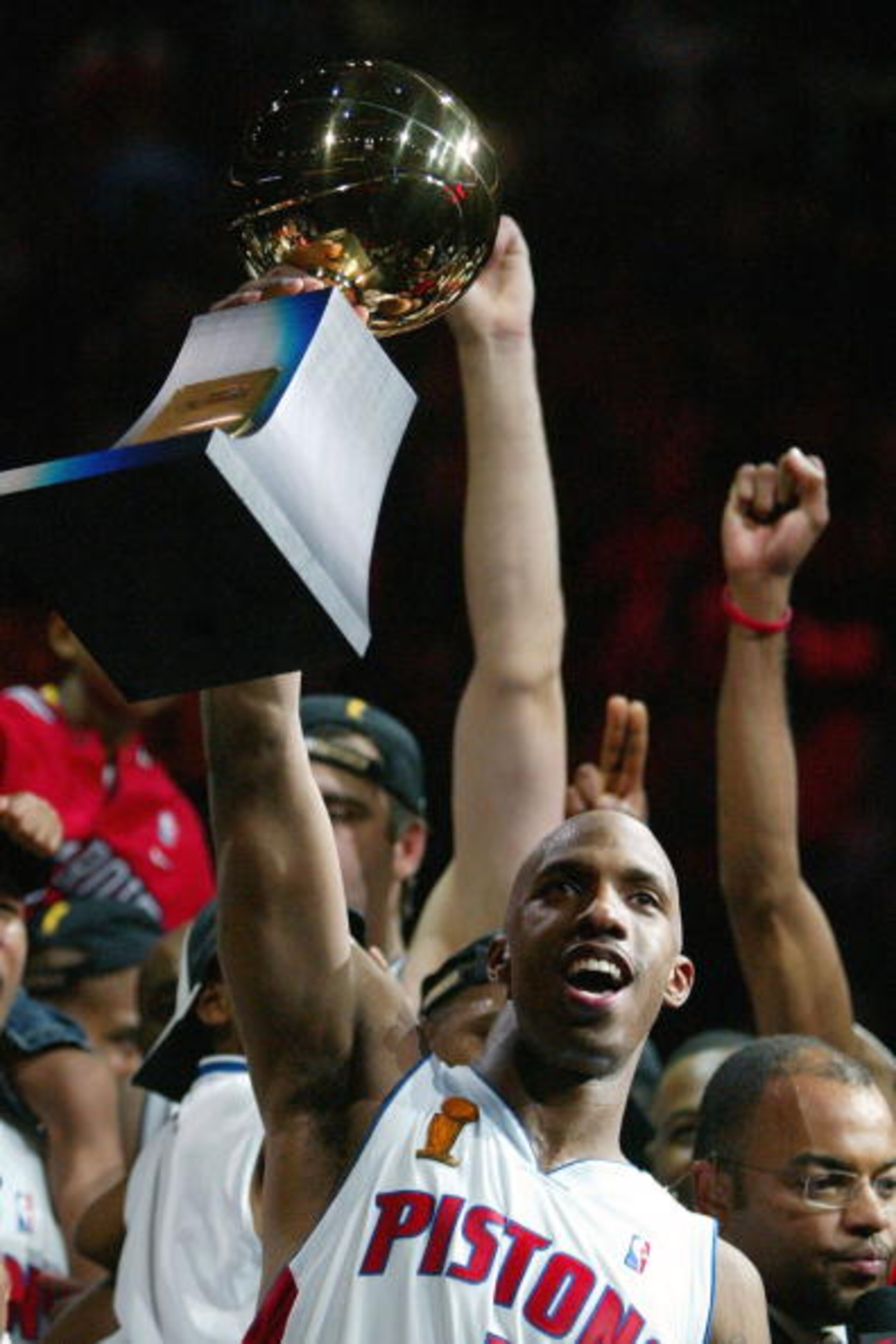 AUBURN HILLS, MI - JUNE 15:  Chauncey Billups #1 of the Detroit Pistons celebrates with the MVP trophy after defeating the Los Angeles Lakers 100-87 in game five of the 2004 NBA Finals on June 15, 2004 at The Palace of Auburn Hills in Auburn Hills, Michig
