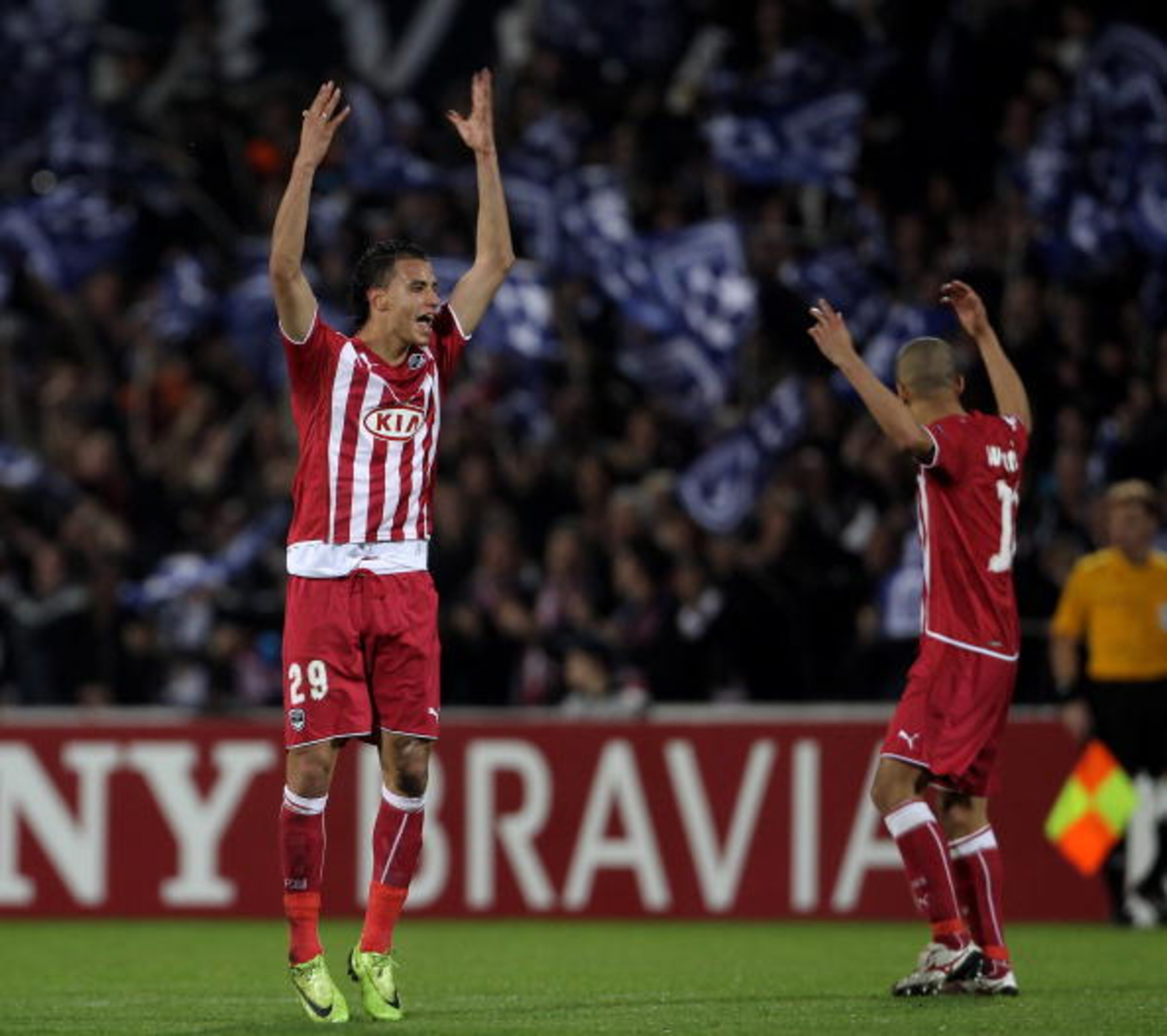 BORDEAUX, FRANCE - APRIL 07: Marouane Chamakh of Bordeaux celabrates after scoring the first goal during the UEFA Champions League quarter final second leg match between Bordeaux and Olympique Lyonnais at Stade Chaban-Delmas on April 7, 2010 in Bordeaux BORDEAUX, FRANCE - APRIL 07: Marouane Chamakh of Bordeaux celabrates after scoring the first goal during the UEFA Champions League quarter final second leg match between Bordeaux and Olympique Lyonnais at Stade Chaban-Delmas on April 7, 2010 in Bordeaux
