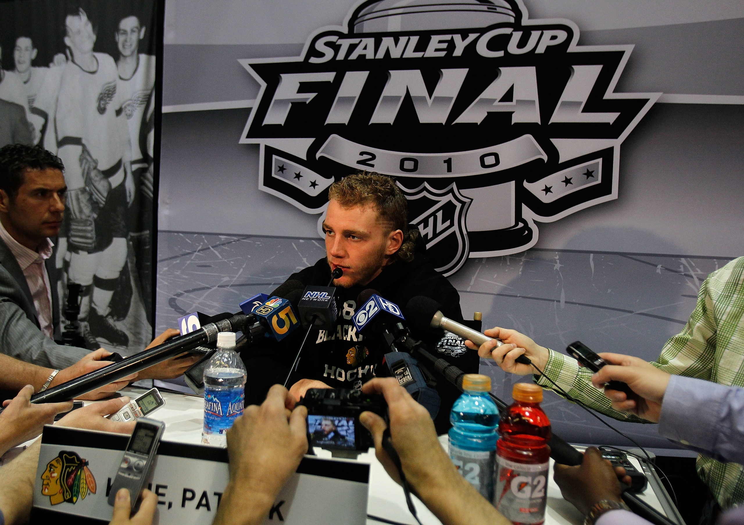 CHICAGO - MAY 27: Patrick Kane of the Chicago Blackhawks talks with reporters during Stanley Cup media day at the United Center on May 27, 2010 in Chicago, Illinois. (Photo by Jonathan Daniel/Getty Images)