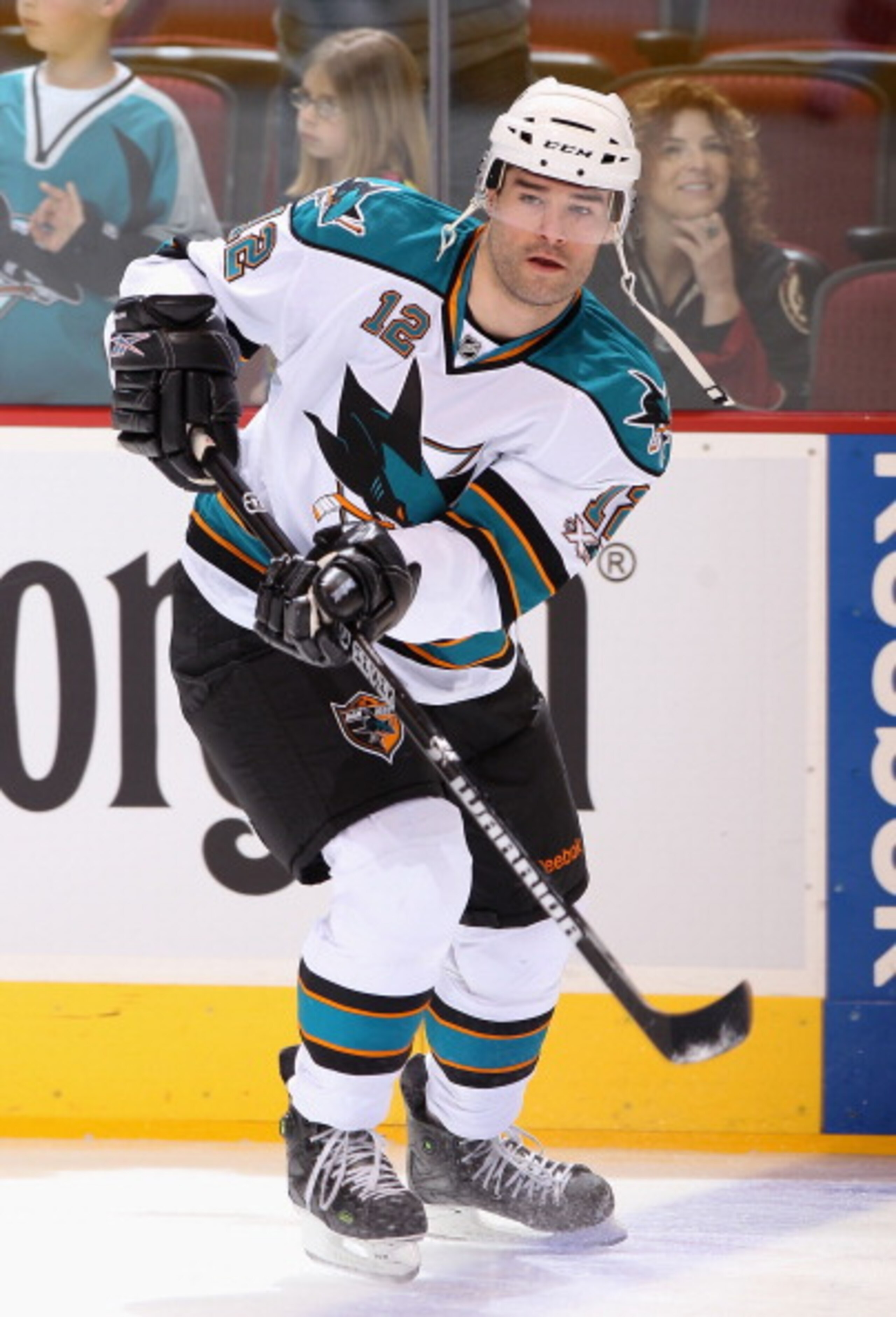 GLENDALE, AZ - MARCH 26:  Patrick Marleau #12 of the San Jose Sharks warms up before the NHL game against the Phoenix Coyotes at Jobing.com Arena on March 26, 2011 in Glendale, Arizona.  The Sharks defeated the Coyotes 4-1.  (Photo by Christian Petersen/G