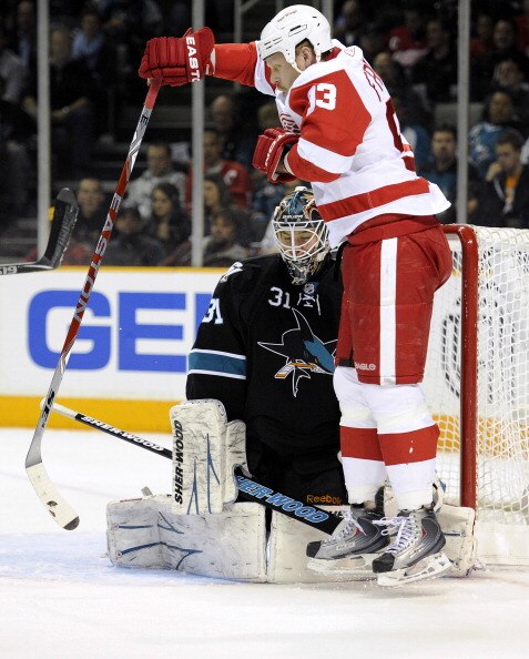 SAN JOSE, CA - MARCH 3: Johan Franzen #93 of the Detroit Red Wings is called for being in the crease and the Red Wings have a goal taken away from them against the San Jose Sharks in the first period of an NHL hockey game at the HP Pavilion on March 3, 20