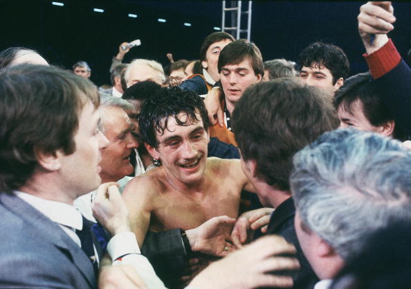 LONDON - JUNE 8 :  Barry McGuigan of Northern Ireland celebrates after beating  WBA Champion Eusebio Pedroza of Panama at Loftus Road Stadium,London on the 8th of June 1985. Barry McGuigan won by a points decision after 15 rounds to become the new WBA Cha