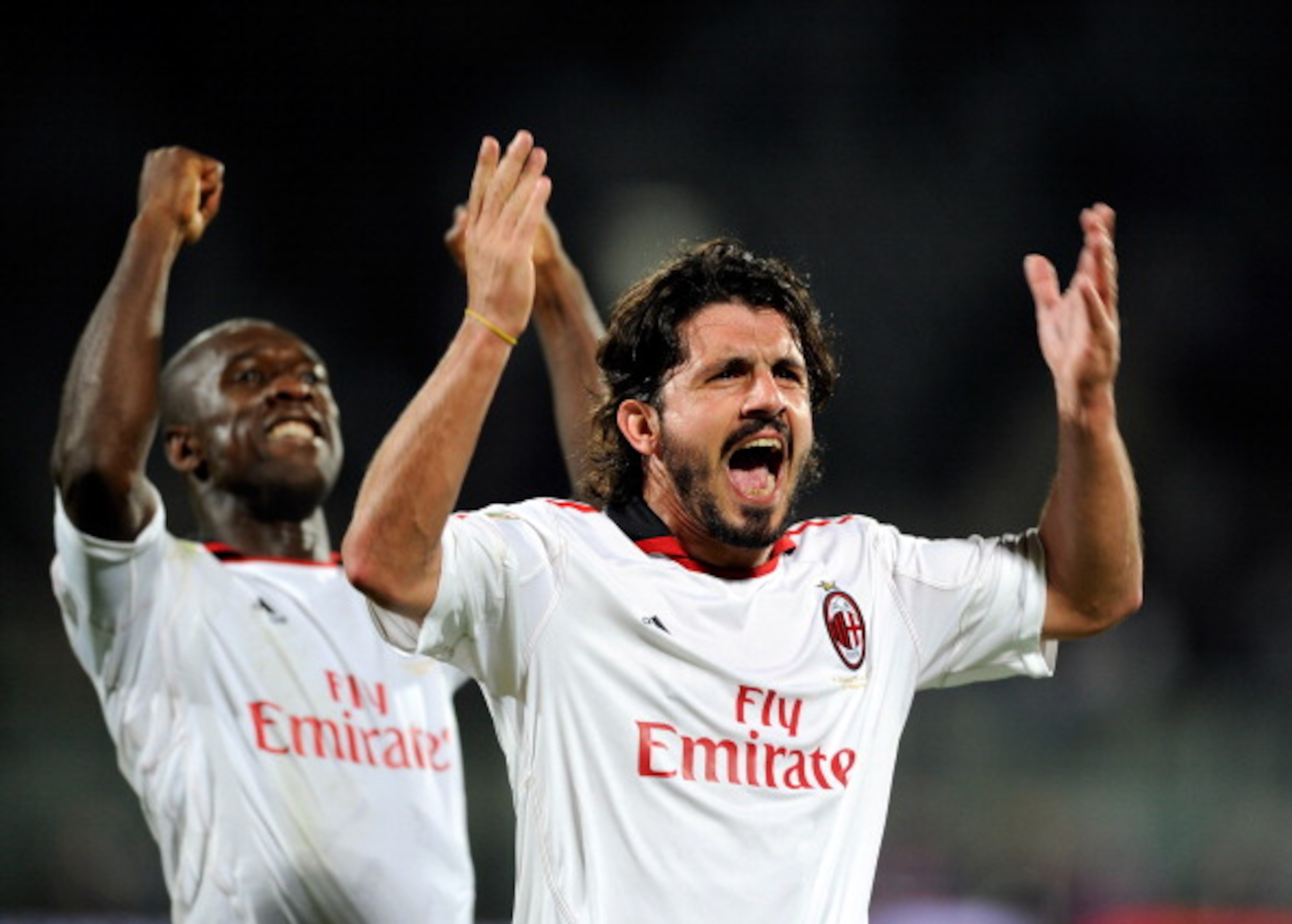 FLORENCE, ITALY - APRIL 10: Clarence Seedorf and Gennaro Gattuso of AC Milan celebrates during the Serie A match between ACF Fiorentina and AC Milan at Stadio Artemio Franchi on April 10, 2011 in Florence, Italy. (Photo by Claudio Villa/Getty Images) FLORENCE, ITALY - APRIL 10: Clarence Seedorf and Gennaro Gattuso of AC Milan celebrates during the Serie A match between ACF Fiorentina and AC Milan at Stadio Artemio Franchi on April 10, 2011 in Florence, Italy. (Photo by Claudio Villa/Getty Images)