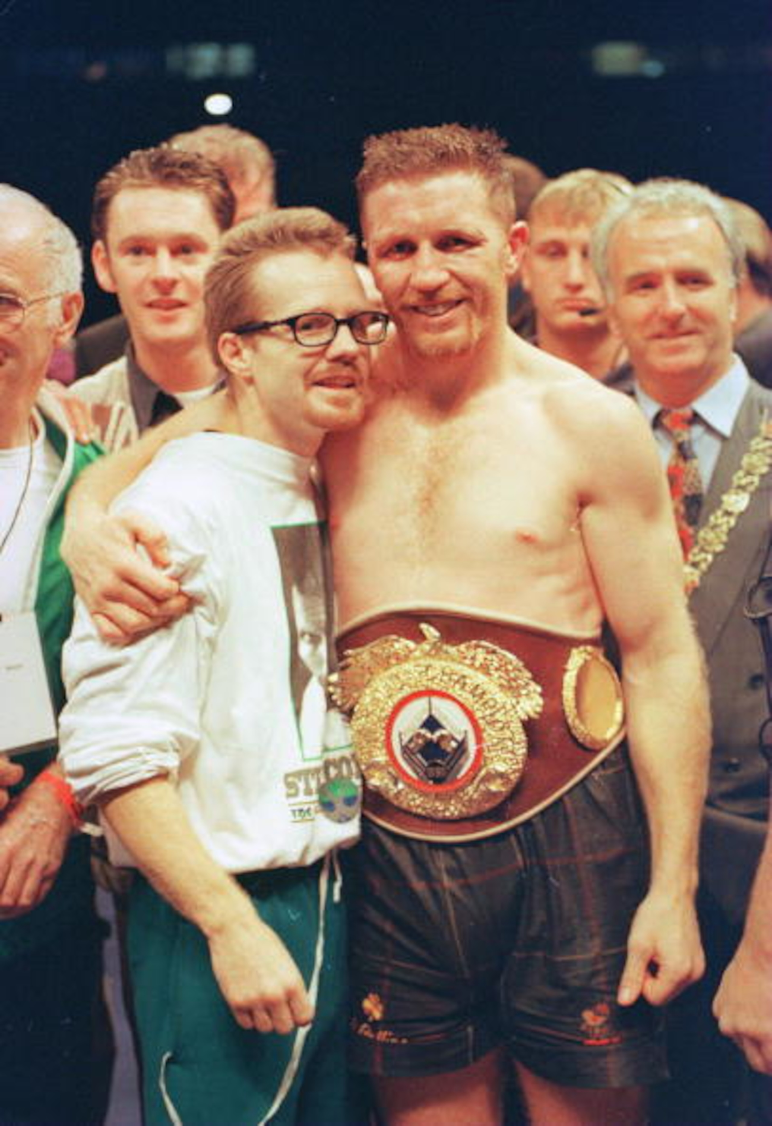 9 SEP 1995:  STEVE COLLINS OF IRELAND CELEBRATES WITH TRAINER FREDDIE ROACH AFTER DEFEATING CHRIS EUBANK OF GREAT BRITAIN IN THEIR WBO WORLD SUPER-MIDDLEWEIGHT TITLE FIGHT HELD IN CORK. Mandatory Credit: Holly Stein/ALLSPORT