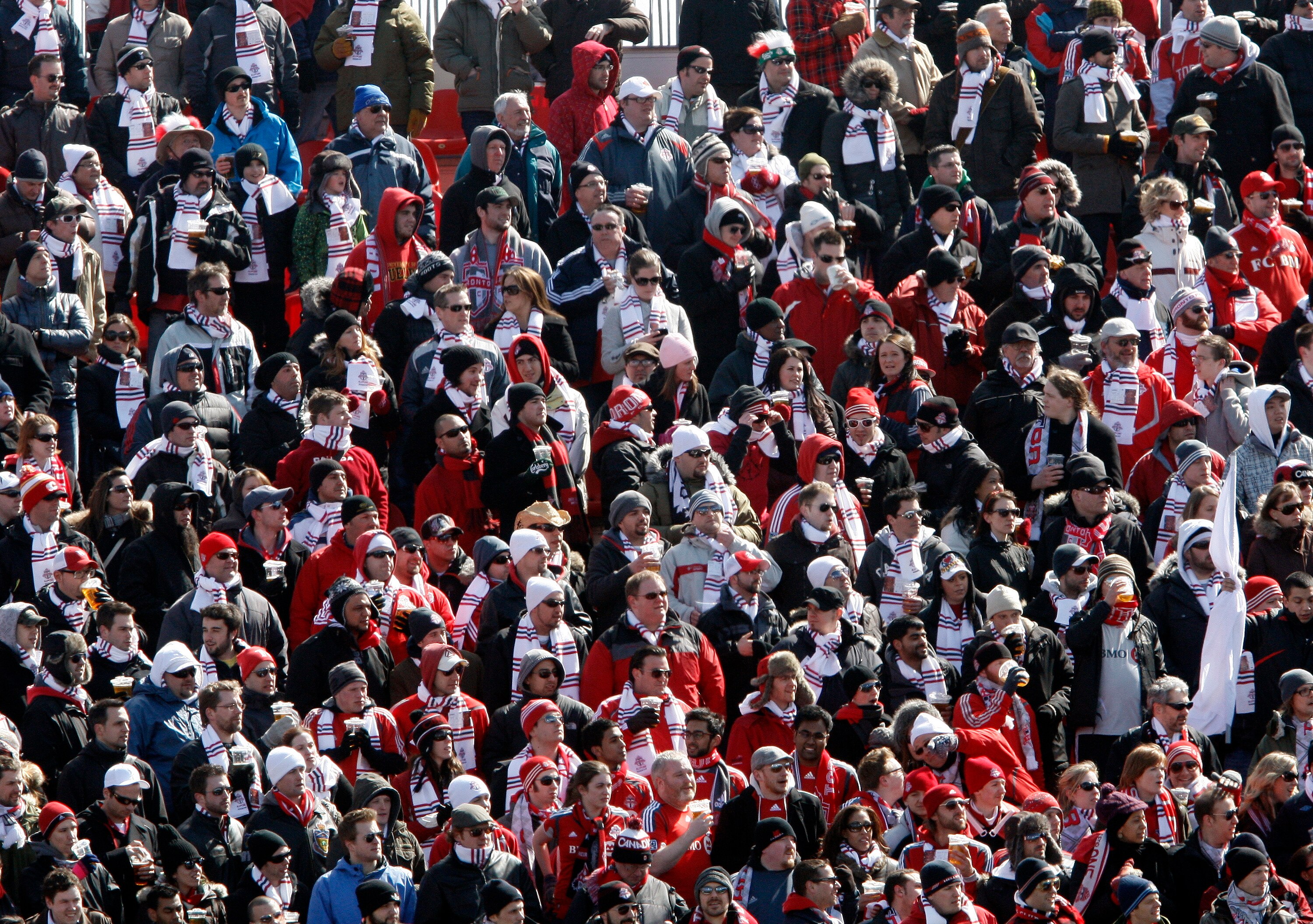 TORONTO, CANADA - MARCH 26: Toronto FC Fans brave the -5 C weather to watch their team take on the Portland Timbers during MLS action at BMO Field March 26, 2011 in Toronto, Ontario, Canada. (Photo by Abelimages/Getty Images)