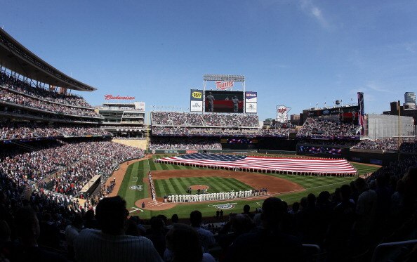 MINNEAPOLIS, MN - APRIL 08: The national anthem is played before the game between the Minnesota Twins and the Oakland Athletics during Opening Day on April 8, 2011 at Target Field in Minneapolis, Minnesota.  (Photo by Elsa/Getty Images)
