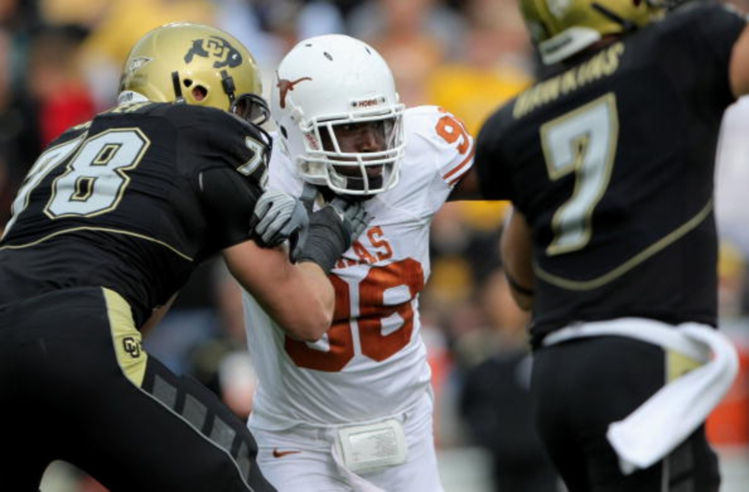 BOULDER, CO - OCTOBER 04:  Brian Orakpo #98 of the Texas Longhorns rushes against Nate Solder #78 the Colorado Buffaloes at Folsom Field on October 4, 2008 in Boulder, Colorado. Texas defeated Colorado 38-14.  (Photo by Doug Pensinger/Getty Images)