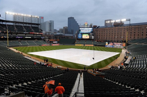 BALTIMORE, MD - APRIL 08:  A tarp covers the field before the game between the Baltimore Orioles and the Texas Rangers at Oriole Park at Camden Yards on April 8, 2011 in Baltimore, Maryland. The start of the game has been delayed due to rain. (Photo by Gr