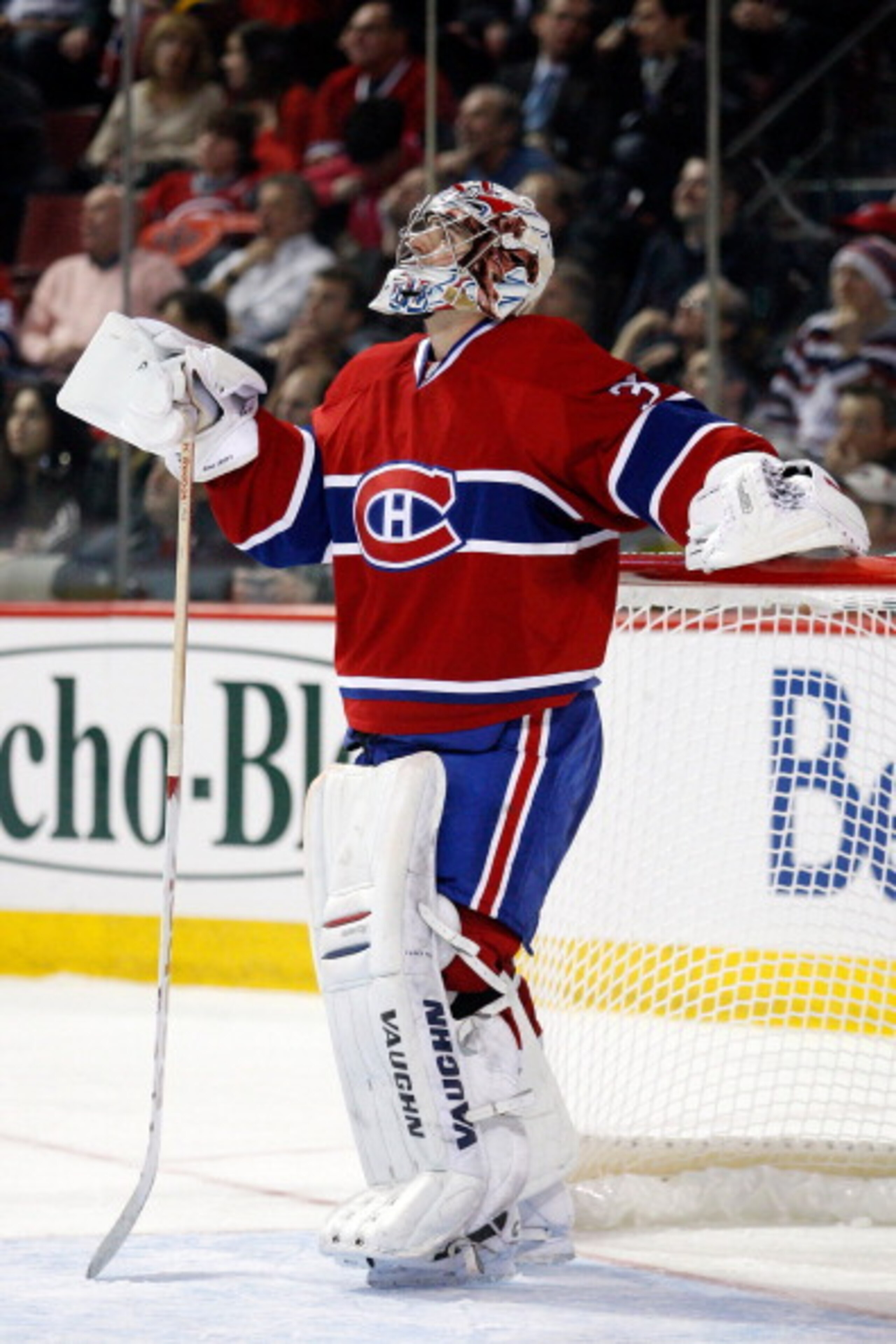 MONTREAL, CANADA - MARCH 8:  Carey Price #31 of the Montreal Canadiens watches a replay on the Bell Centre video system during the NHL game against the Boston Bruins at the Bell Centre on March 8, 2011 in Montreal, Quebec, Canada.  The Canadiens defeated