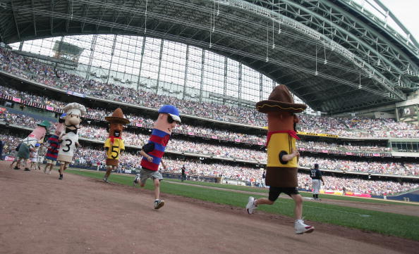 MILWAUKEE - JULY 22:  The Sausage Race takes place during the San Francisco Giants game against the Milwaukee Brewers on July 22, 2007 at Miller Park in Milwaukee, Wisconsin. The Brewers won 7-5. (Photo by Jonathan Daniel/Getty Images)