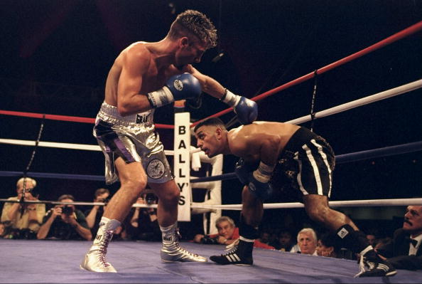 31 Oct 1998:  Prince Naseem Hamed (right) in action during the Prince Naseem Hamed v Wayne McCullough fight for the WBO belt at the Atlantic City Convention Center in Atlantic City, New Jersey. Prince Naseem Hamed defeated Wayne McCullough by a decision i