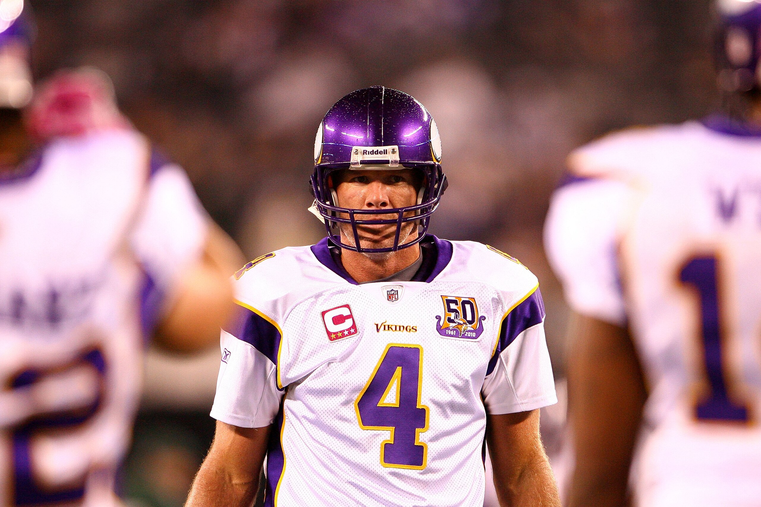 EAST RUTHERFORD, NJ - OCTOBER 11:  Quarterback Brett Favre #4 of the Minnesota Vikings looks on against the New York Jets at New Meadowlands Stadium on October 11, 2010 in East Rutherford, New Jersey.  (Photo by Andrew Burton/Getty Images)