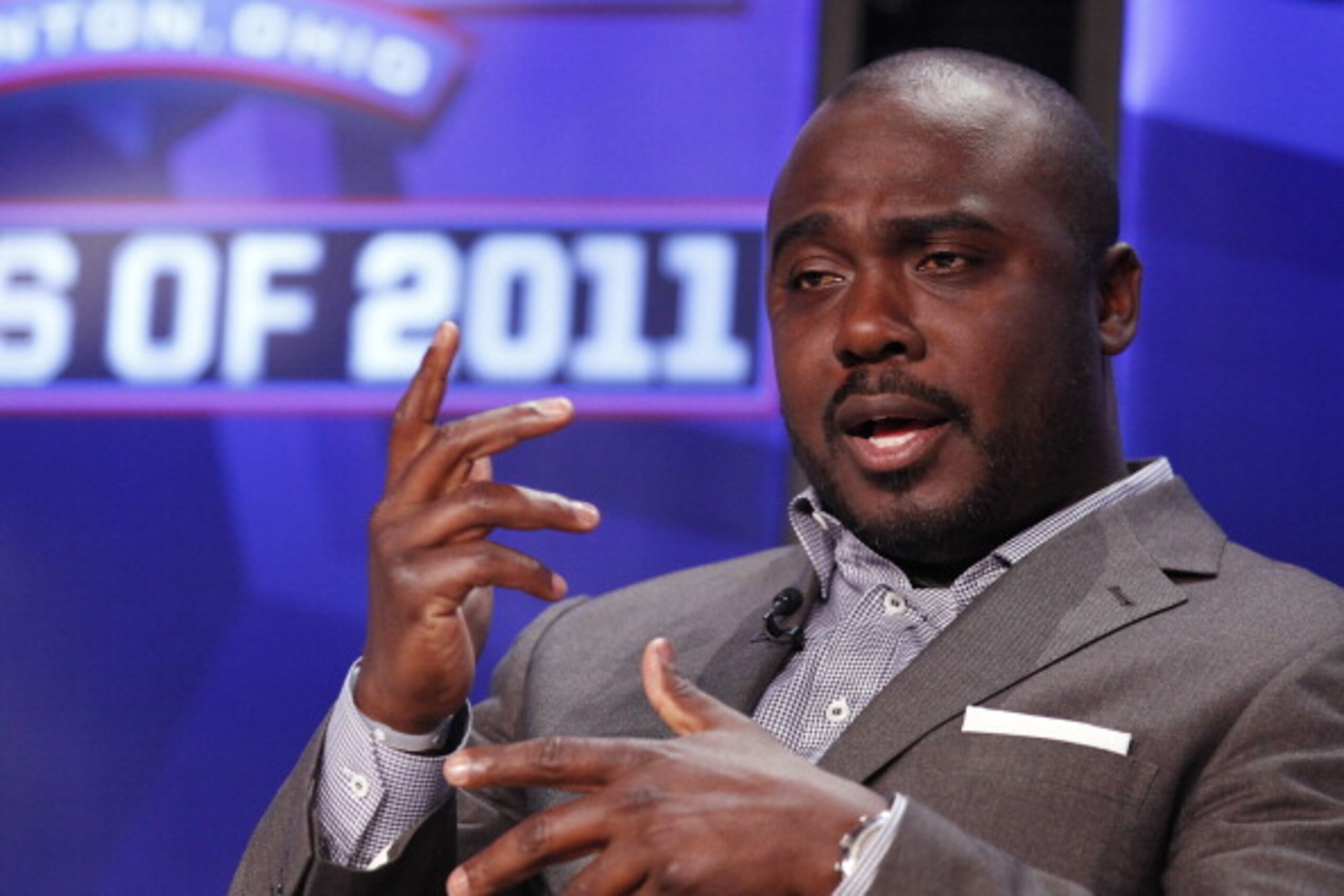 DALLAS, TX - FEBRUARY 5: Marshall Faulk looks on after being inducted into the 2011 Pro Football Hall of Fame class during an announcement at the Super Bowl XLV media center on February 5, 2011 in Dallas, Texas. (Photo by Joe Robbins/Getty Images)