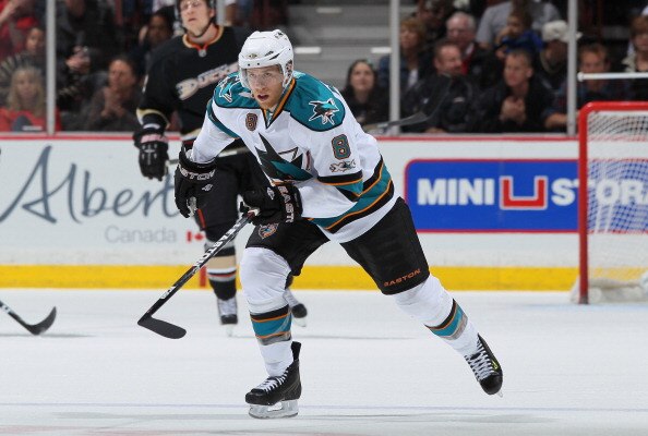 ANAHEIM, CA - APRIL 06:  Joe Pavelski #8 of the San Jose Sharks skates against the Anaheim Ducks at Honda Center on April 6, 2011 in Anaheim, California.  (Photo by Jeff Gross/Getty Images)