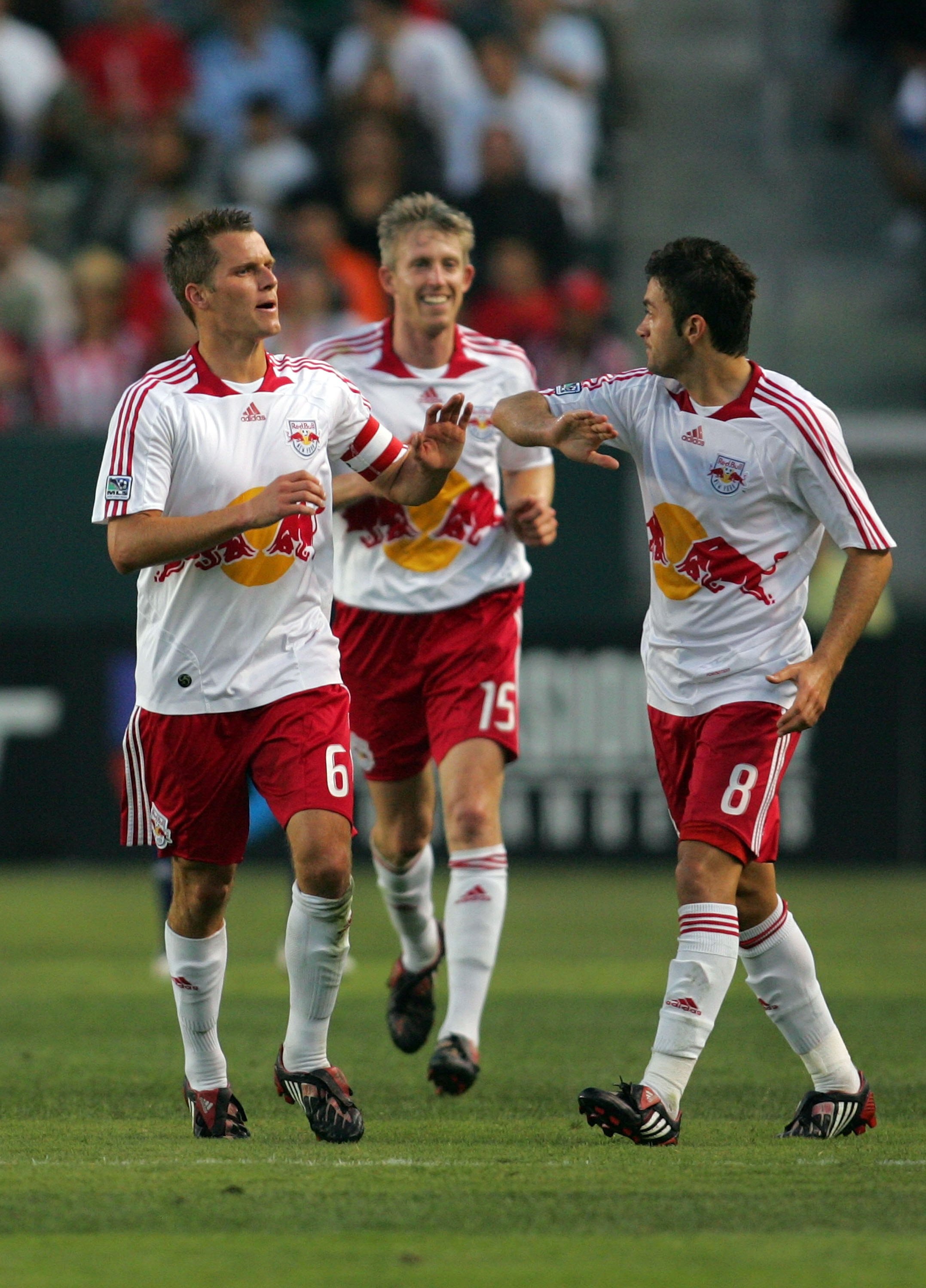 CARSON, CA - JUNE 28:  Sinisa Ubiparipovic #8 of the New York Red Bulls celebrates with teammate Seth Stammler #6 after a first half goal by teammate Dave van den Bergh #11 (not in photo) against CD Chivas USA during their MLS match at the Home Depot Cent