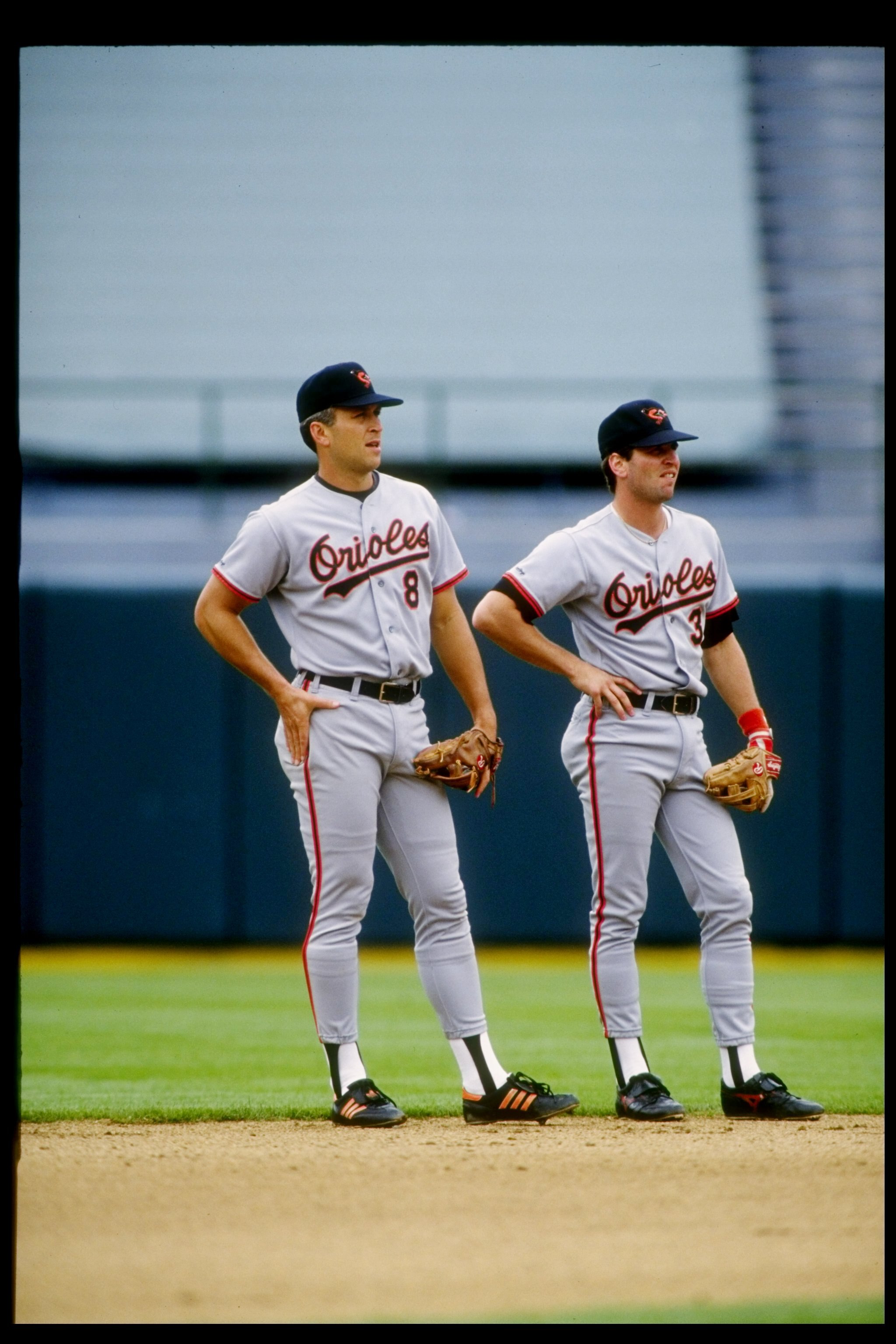 14 Jul 1991:  Shortstop Cal Ripken and his brother second baseman Billy Ripken of the Baltimore Orioles stand together during a game against the Oakland Athletics. Mandatory Credit: Otto Greule  /Allsport