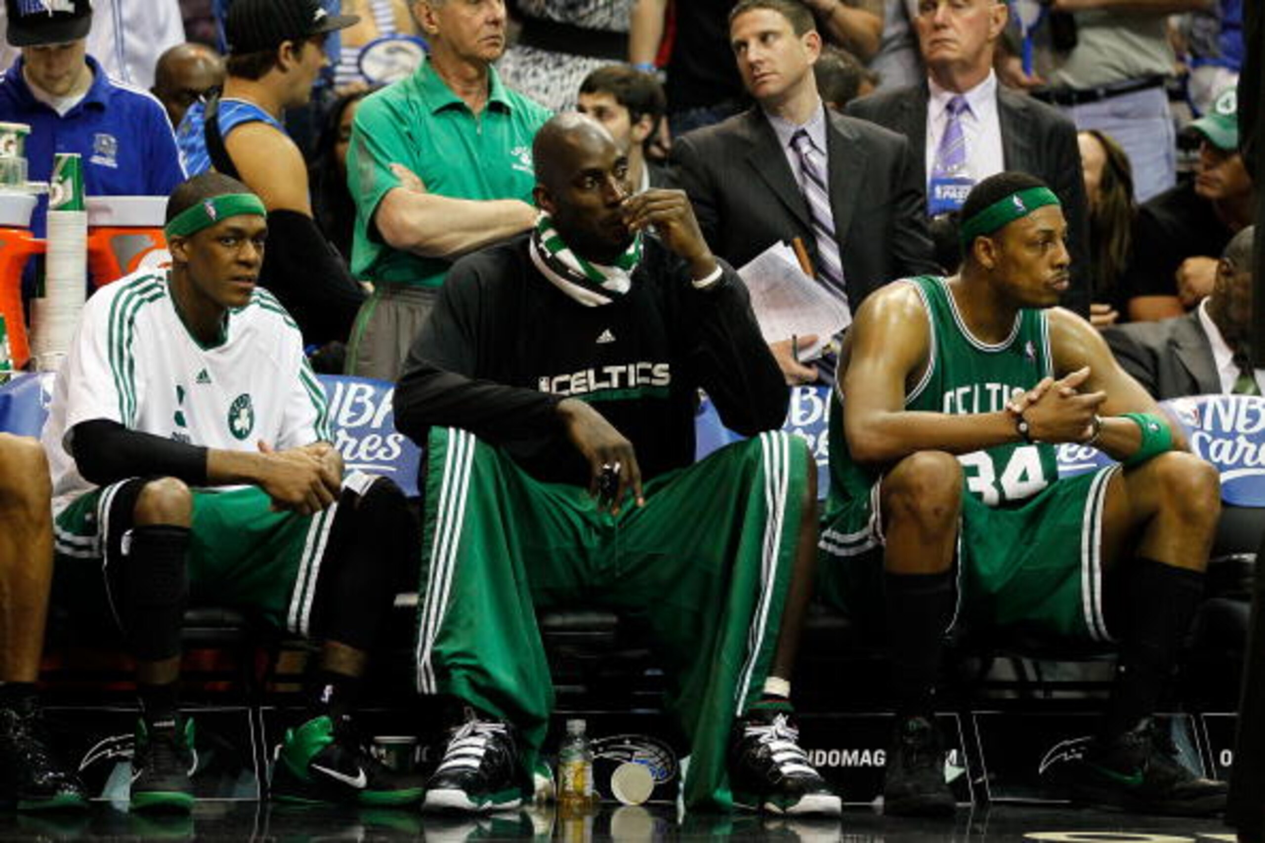 ORLANDO, FL - MAY 26:  Rajon Rondo #9, Keivn Garnett #5 and Paul Pierce #34 of the Boston Celtics look on dejected from the bench in the final minutes of their 113-92 loss to the Orlando Magic in Game Five of the Eastern Conference Finals during the 2010