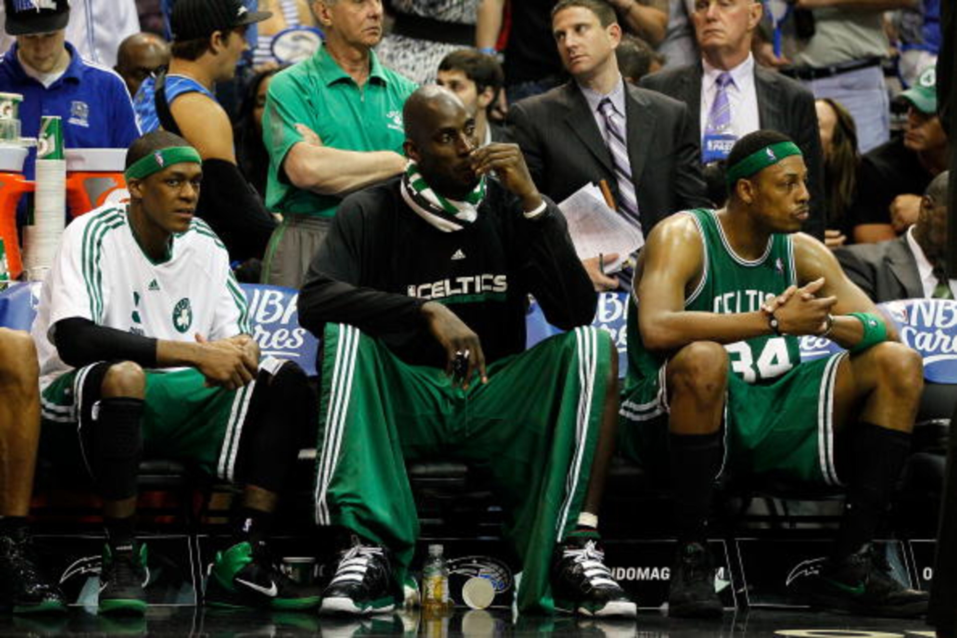 ORLANDO, FL - MAY 26: Rajon Rondo #9, Keivn Garnett #5 and Paul Pierce #34 of the Boston Celtics look on dejected from the bench in the final minutes of their 113-92 loss to the Orlando Magic in Game Five of the Eastern Conference Finals during the 2010 ORLANDO, FL - MAY 26: Rajon Rondo #9, Keivn Garnett #5 and Paul Pierce #34 of the Boston Celtics look on dejected from the bench in the final minutes of their 113-92 loss to the Orlando Magic in Game Five of the Eastern Conference Finals during the 2010