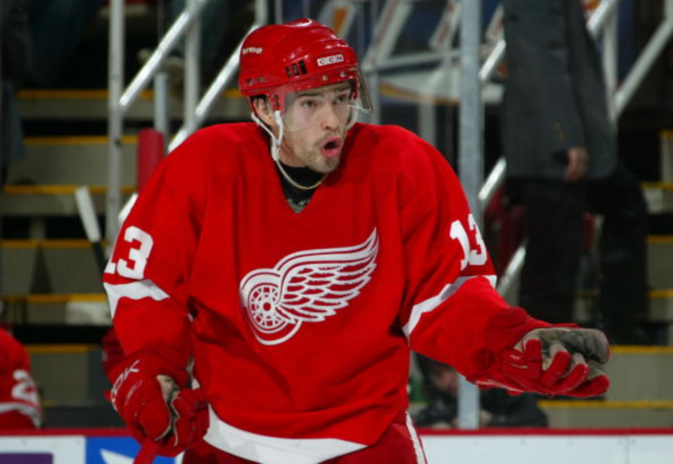 DETROIT - MAY 20: Pavel Datsyuk #13 of the Detroit Red Wings reacts after he was called for an interference penalty late in the third period against the Anaheim Ducks in game five of the 2007 Western Conference finals during the NHL Playoffs on May 20, 2 DETROIT - MAY 20: Pavel Datsyuk #13 of the Detroit Red Wings reacts after he was called for an interference penalty late in the third period against the Anaheim Ducks in game five of the 2007 Western Conference finals during the NHL Playoffs on May 20, 2