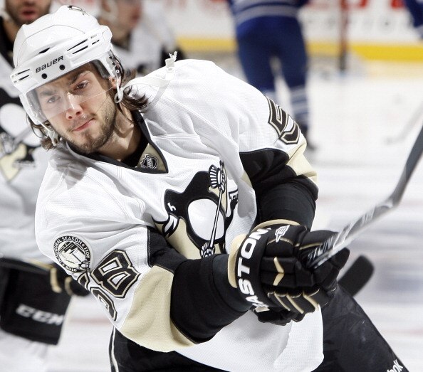 TORONTO, CANADA - FEBRUARY 26: Kris Letang #58 of the Pittsburgh Penguins shoots during warmup before the game against the Toronto Maple Leafs at the Air Canada Centre February 26, 2011 in Toronto, Ontario, Canada. (Photo by Abelimages/Getty Images)