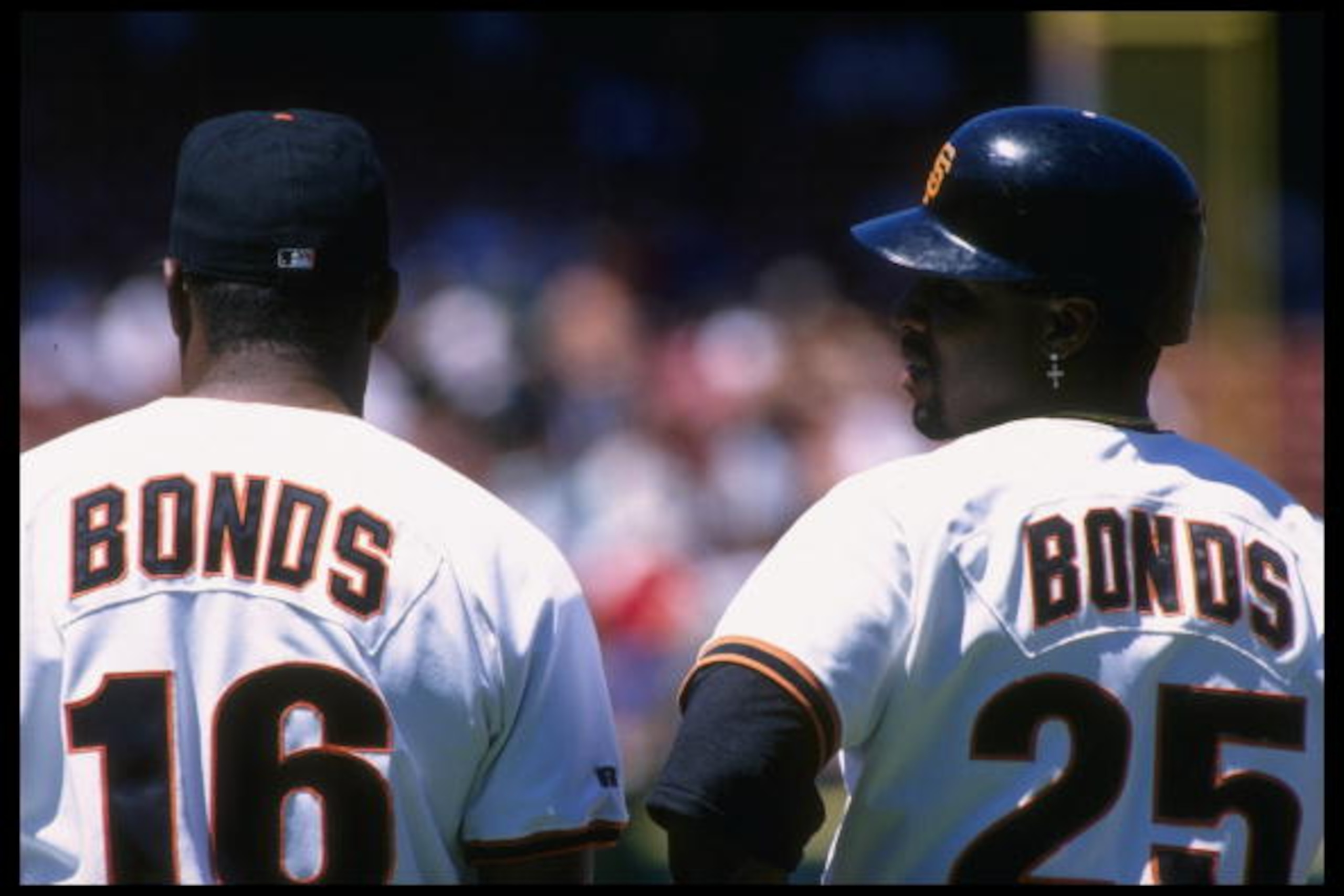 28 Apr 1996:  Bobby Bonds and son Barry of the San Francisco Giants look on during a game against the Florida Marlins at 3Com Park in San Francisco, California.  The Giants won the game, 10-4. Mandatory Credit: Otto Greule/Allsport