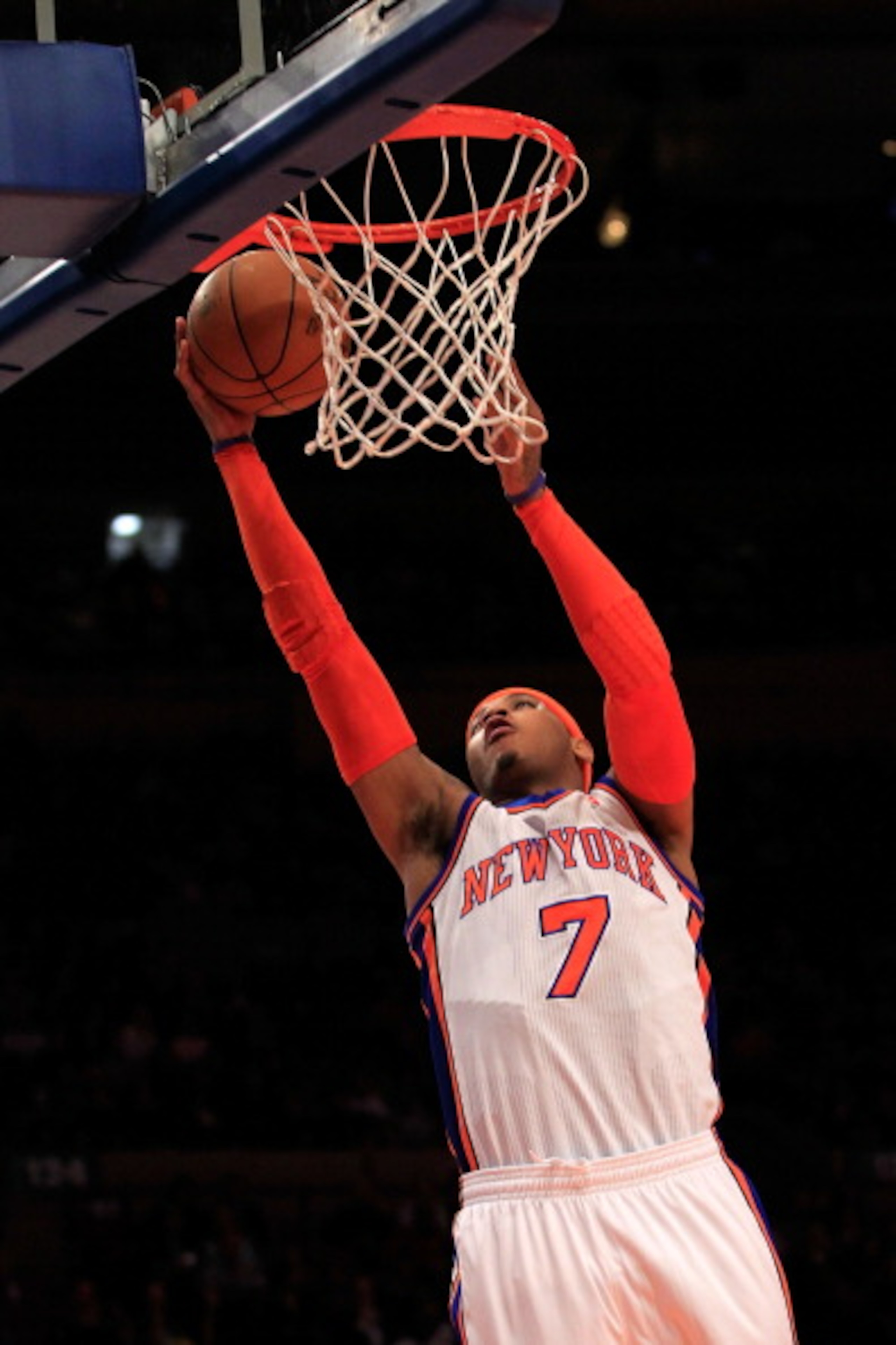 NEW YORK, NY - MARCH 30:  Carmelo Anthony #7 of the New York Knicks shoots against the New Jersey Nets at Madison Square Garden on March 30, 2011 in New York City. NOTE TO USER: User expressly acknowledges and agrees that, by downloading and/or using this