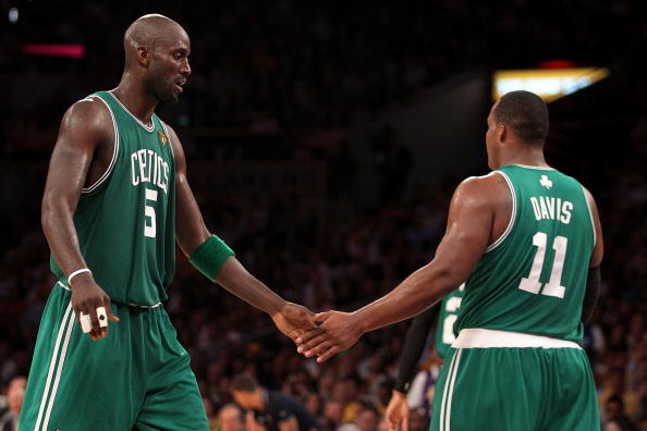 LOS ANGELES, CA - JUNE 15:  Kevin Garnett #5 and Glen Davis #11 of the Boston Celtics celebrate a play against the Los Angeles Lakers in Game Six of the 2010 NBA Finals at Staples Center on June 15, 2010 in Los Angeles, California.  NOTE TO USER: User exp