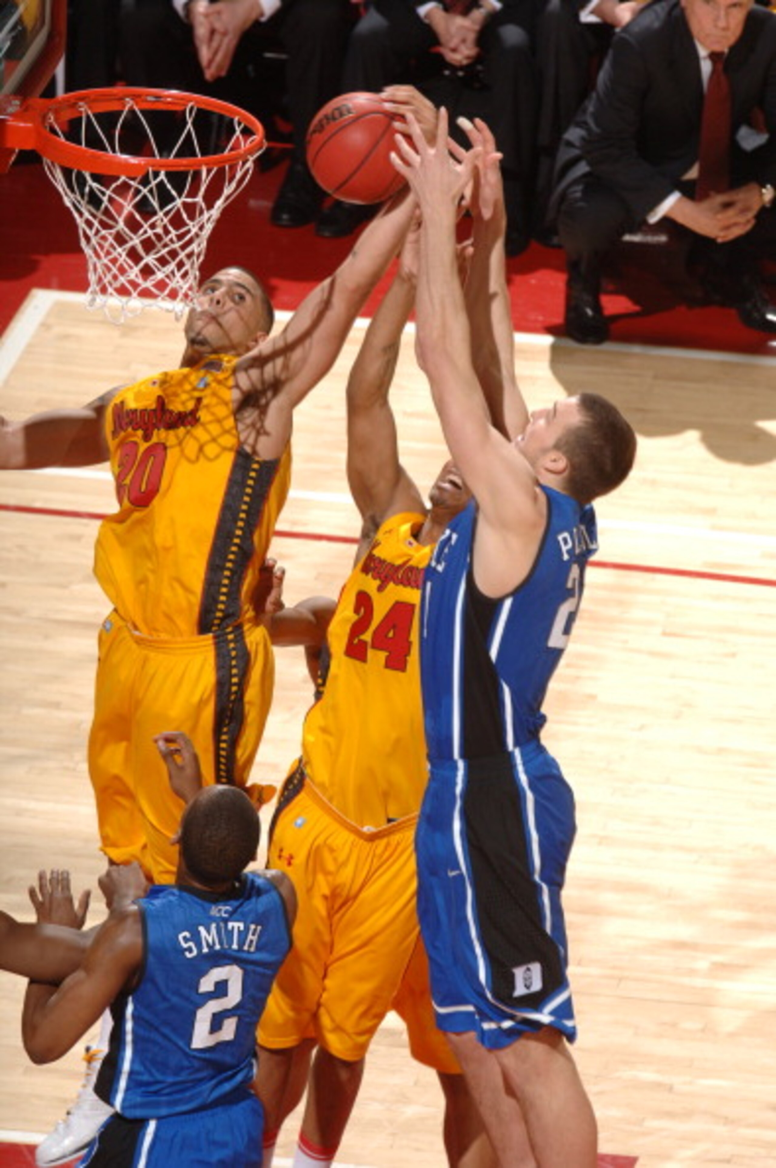 COLLEGE PARK, MD - FEBRUARY 2: Miles Plumlee #21 of the Duke Blue Devils fights for a rebound during a college basketball game against Jordan WIlliams #20 and Cliff Tucker #24 of the Maryland Terrapins on February 2, 2011 at the Comcast Arena in College P COLLEGE PARK, MD - FEBRUARY 2: Miles Plumlee #21 of the Duke Blue Devils fights for a rebound during a college basketball game against Jordan WIlliams #20 and Cliff Tucker #24 of the Maryland Terrapins on February 2, 2011 at the Comcast Arena in College P