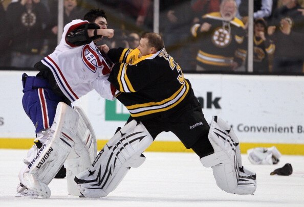 BOSTON, MA - FEBRUARY 09:  Tim Thomas #30 of the Boston Bruins and Carey Price #31 of the Montreal Canadiens fight in the second period on February 9, 2011 at the TD Garden in Boston, Massachusetts.  (Photo by Elsa/Getty Images)