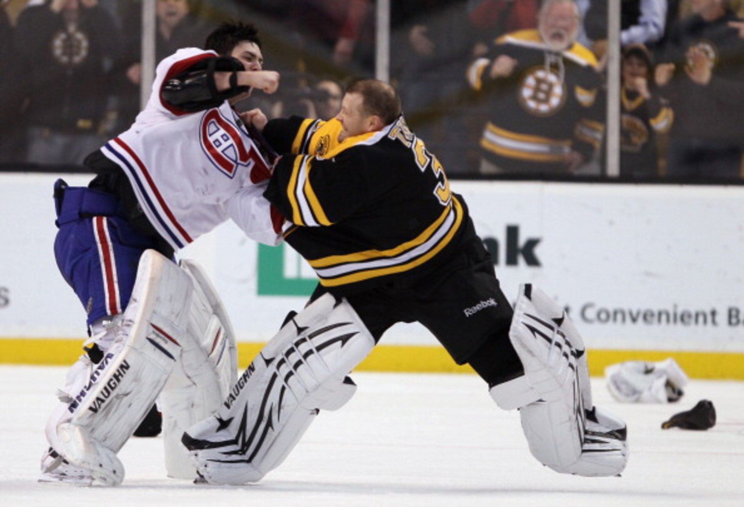 BOSTON, MA - FEBRUARY 09: Tim Thomas #30 of the Boston Bruins and Carey Price #31 of the Montreal Canadiens fight in the second period on February 9, 2011 at the TD Garden in Boston, Massachusetts. (Photo by Elsa/Getty Images) BOSTON, MA - FEBRUARY 09: Tim Thomas #30 of the Boston Bruins and Carey Price #31 of the Montreal Canadiens fight in the second period on February 9, 2011 at the TD Garden in Boston, Massachusetts. (Photo by Elsa/Getty Images)