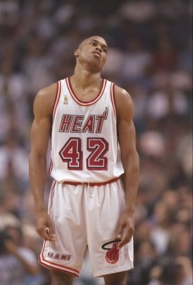 14 May 1997:  Forward P.J. Brown of the Miami Heat stands on the court during a playoff game against the New York Knicks at the Miami Arena in Miami, Florida.  The Heat won the game 96-81. Mandatory Credit: Andy Lyons  /Allsport